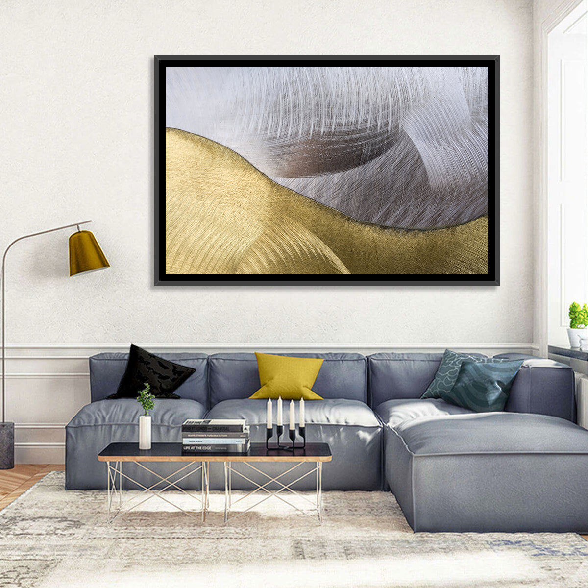 Thin Line Metallic Abstract Wall Art in a room, landscape