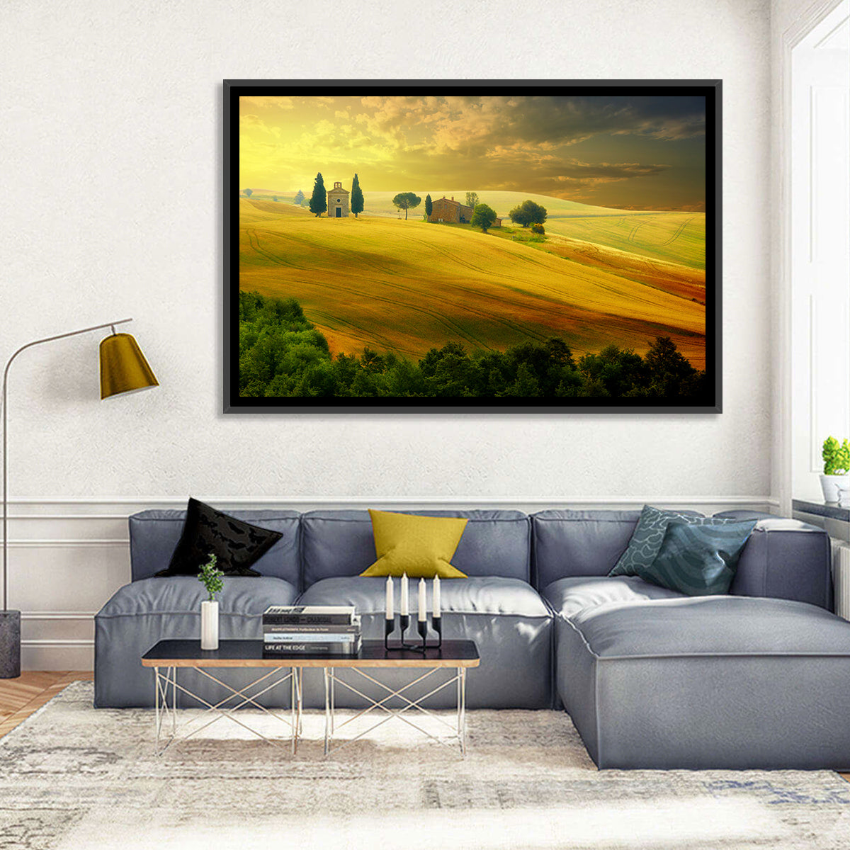 Tuscany Golden Hour Landscape Wall Art in a room, landscape