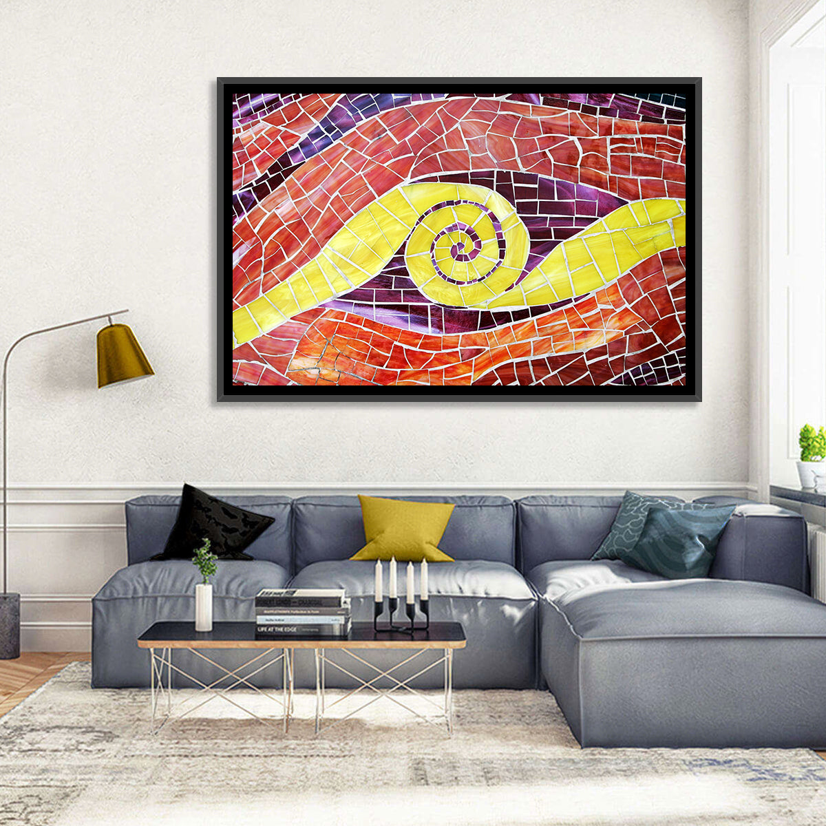 Red and Yellow Spiral Mosaic Wall Art in a room, landscape