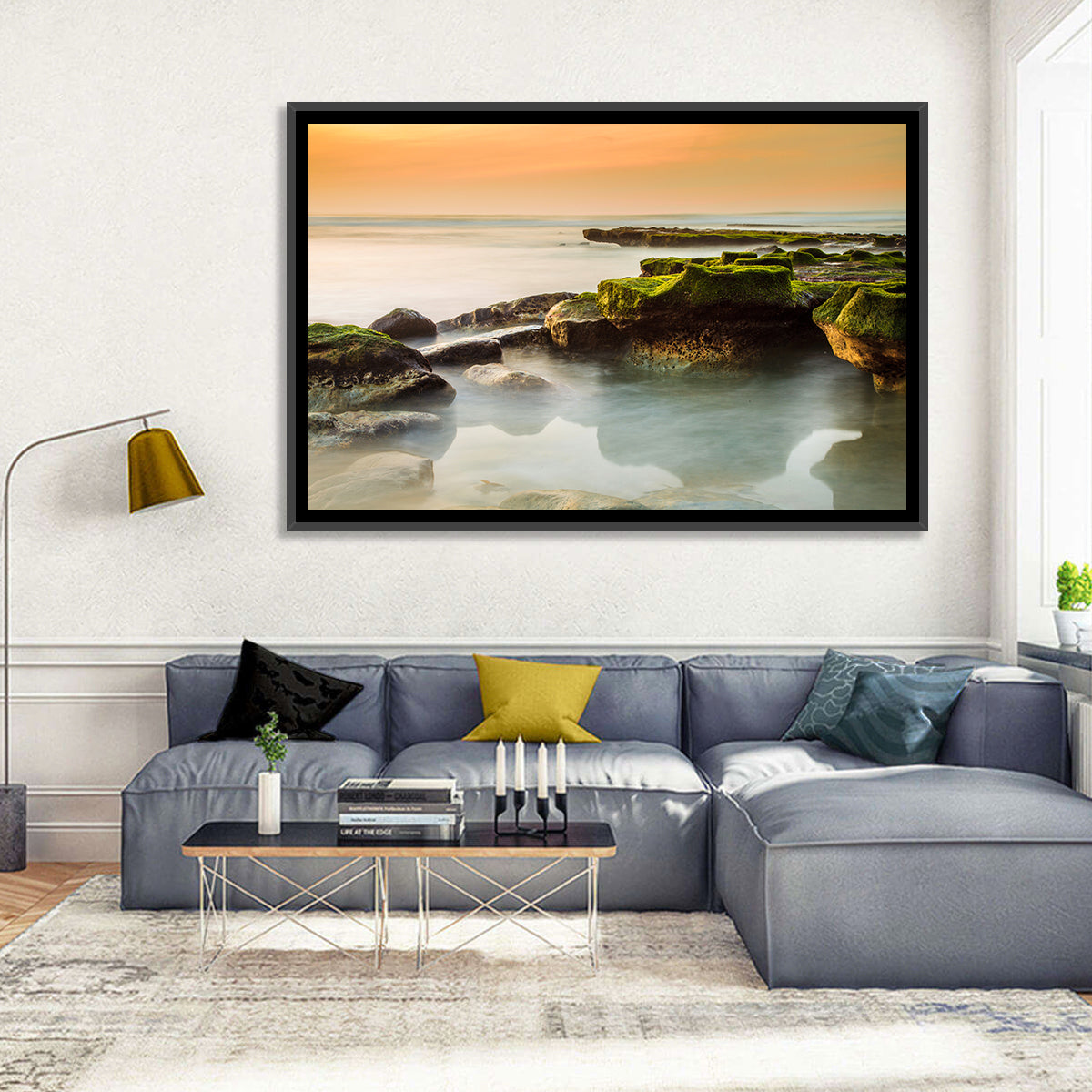 Mossy Rocky Coastline at Golden Hour Wall Art in a room, landscape