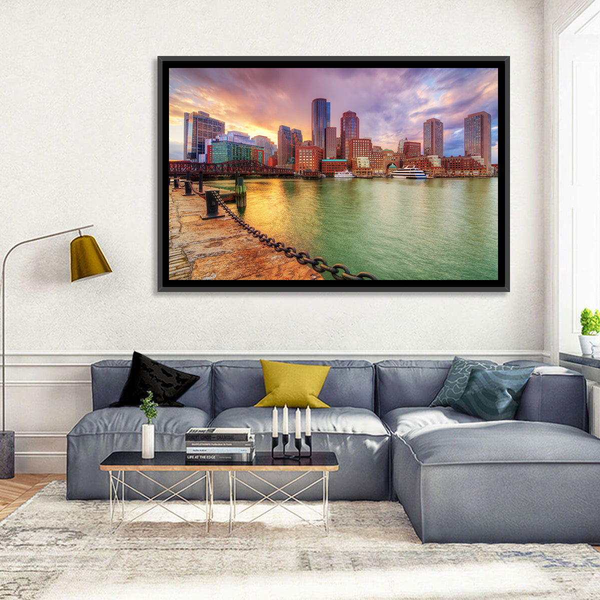 Boston Harbor Skyline at Sunset Wall Art in a room, landscape