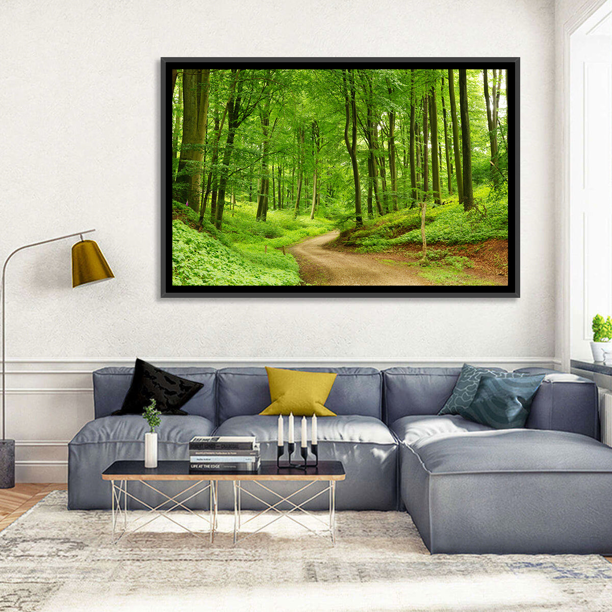Sunlit Forest Path Wall Art in a room, landscape
