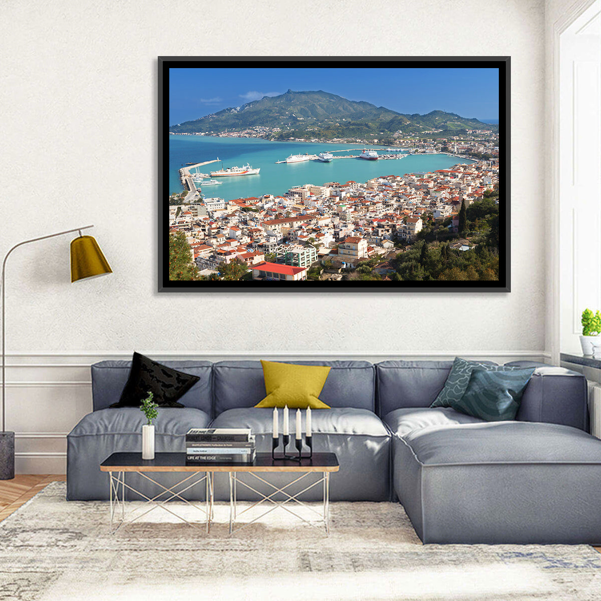 Zakynthos Harbor View Wall Art in a room, landscape