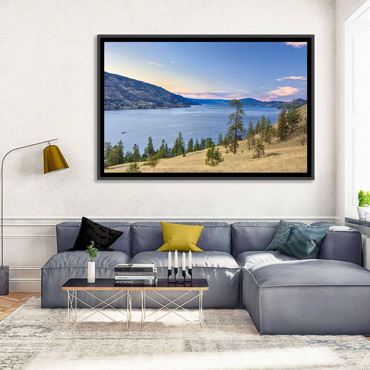 Blue Lake Okanagan Wall Art in a room, landscape
