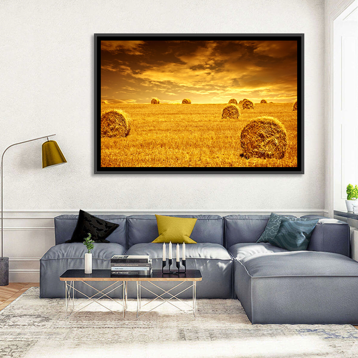 Golden Hour Haystacks Wall Art in a room, landscape