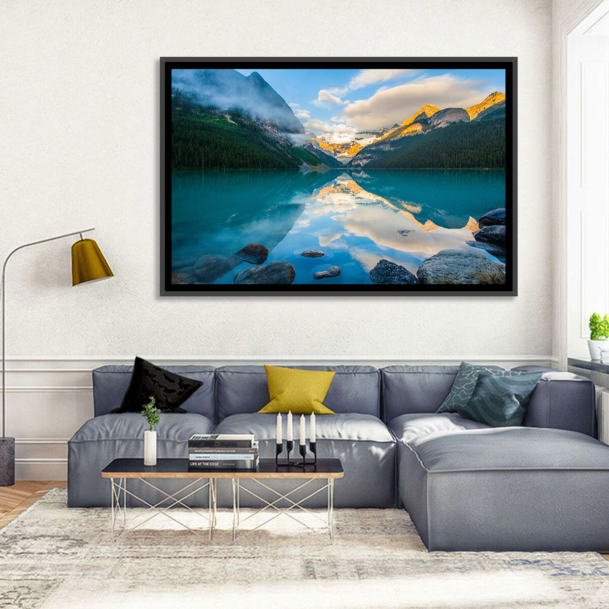 Lake Louise Sunrise Reflection Wall Art in a room, landscape