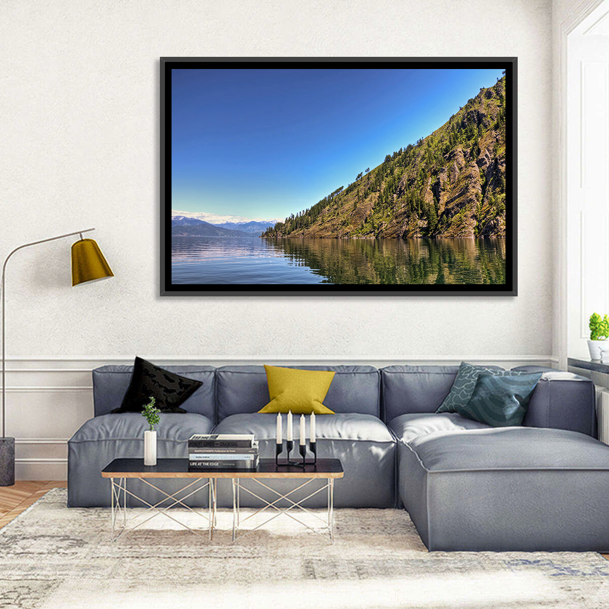 Monarch Mountains Lake Wall Art in a room, landscape
