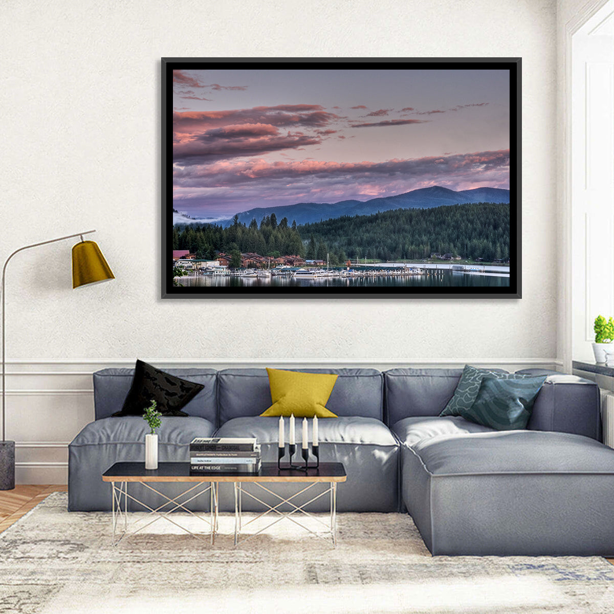 Lake Pend Oreille Twilight Reflection Wall Art in a room, landscape