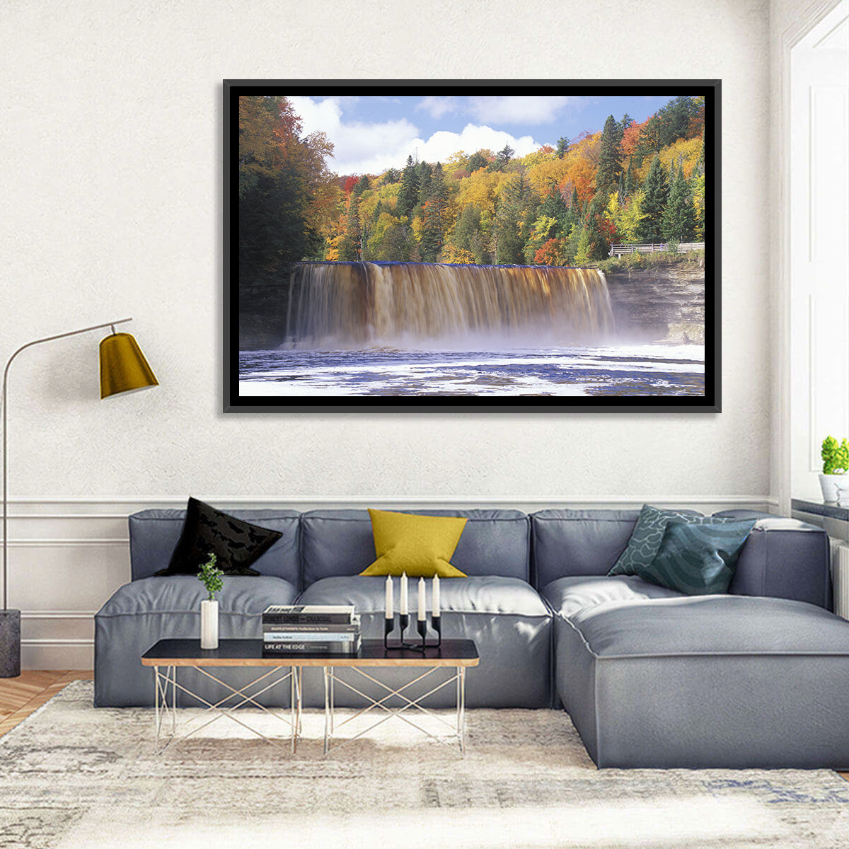 Tahquamenon Falls Autumn Waterfall Wall Art in a room, landscape