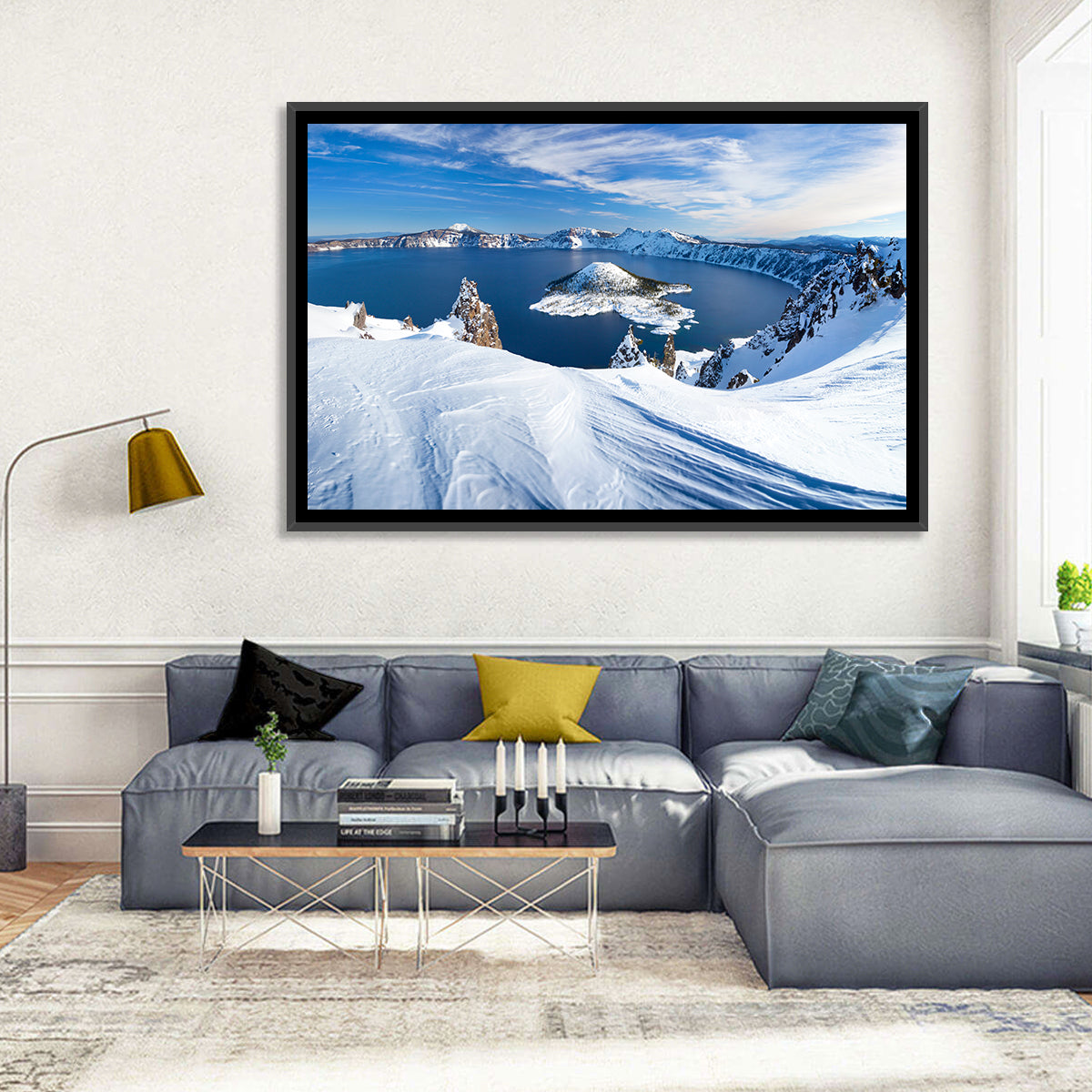 Crater Lake with Wizard Island Wall Art in a room, landscape