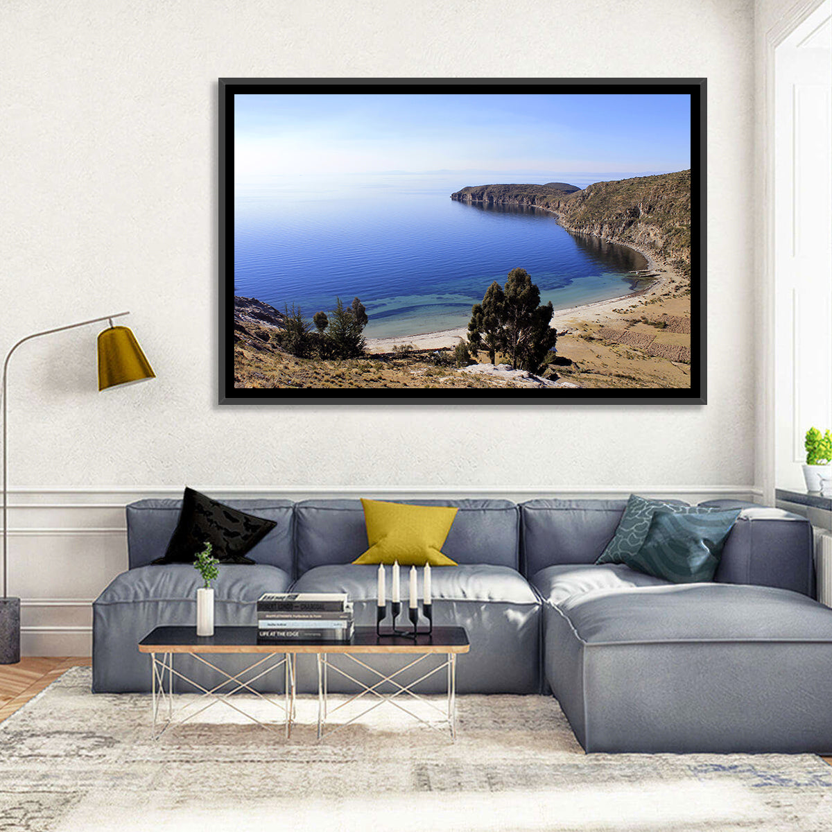 Titicaca Cliffs and Turquoise Water Wall Art in a room, landscape