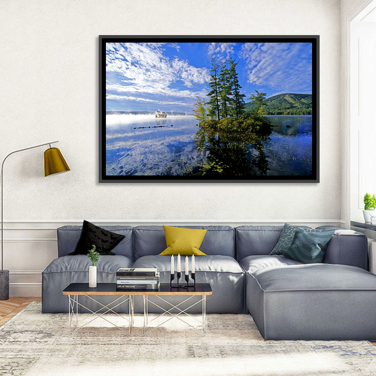 Misty Maine Lake Wall Art in a room, landscape