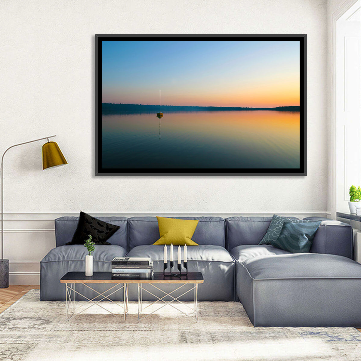 Cyprus Lake Sunset Boat Wall Art in a room, landscape