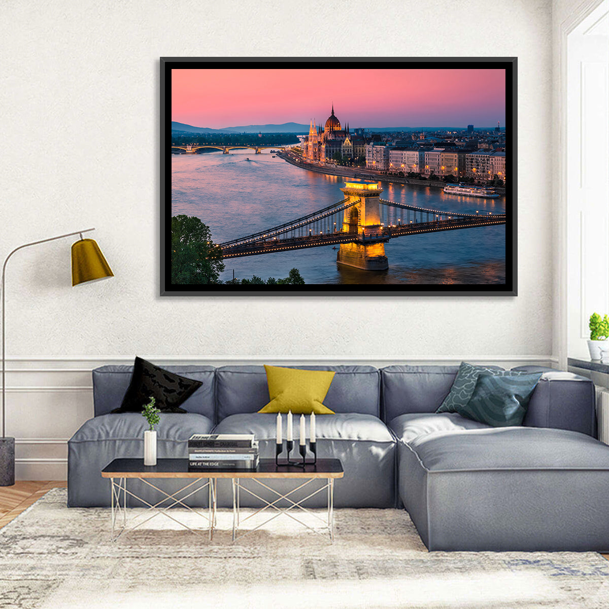 Budapest Chain Bridge at Twilight Wall Art in a room, landscape