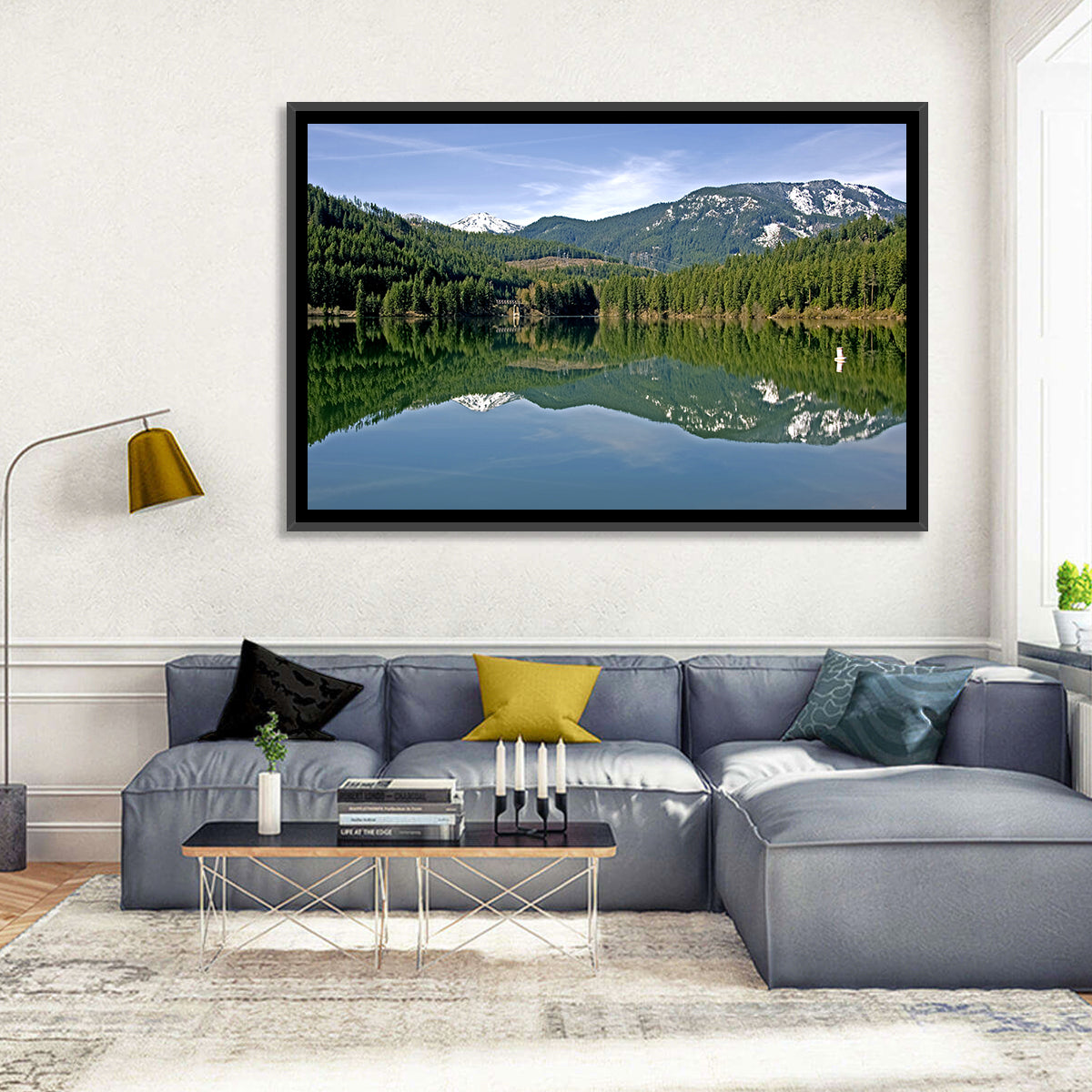 Lake Crescent Reflection Wall Art in a room, landscape