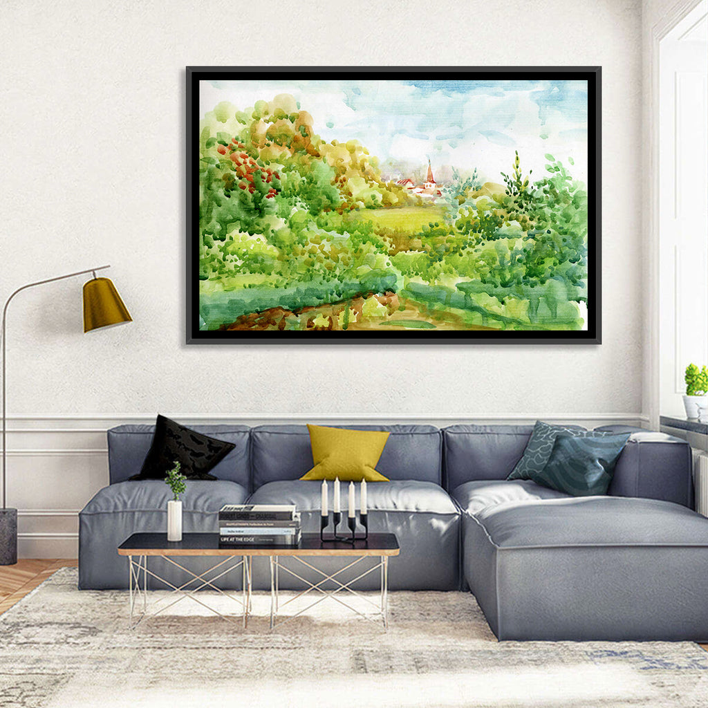 Red Steeple Village Watercolor Wall Art