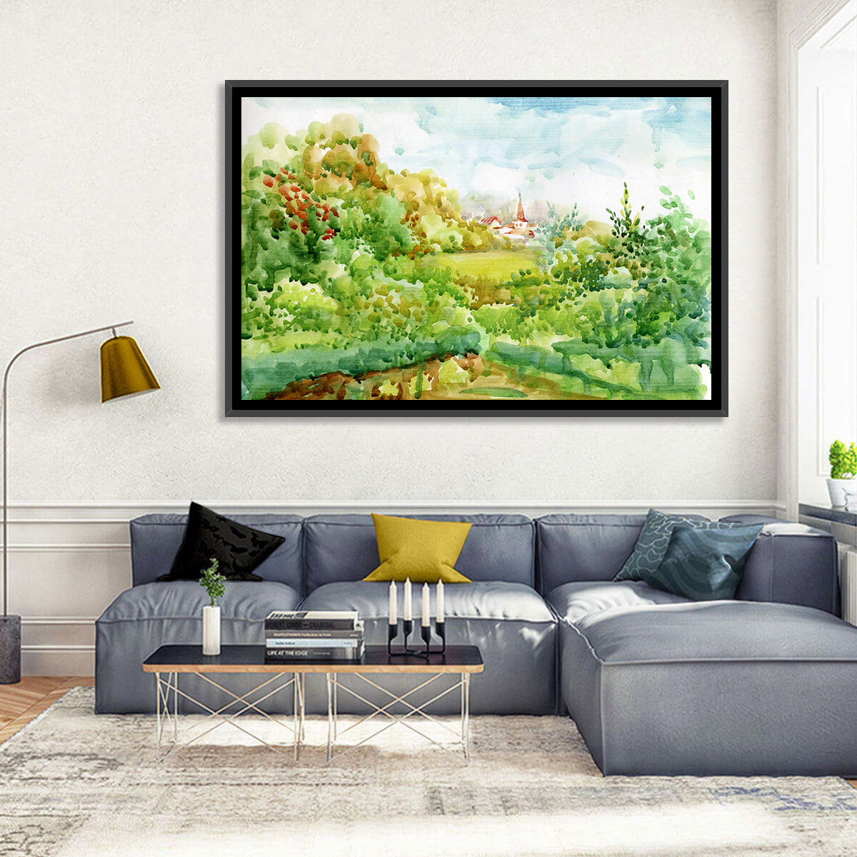 Red Steeple Village Watercolor Wall Art