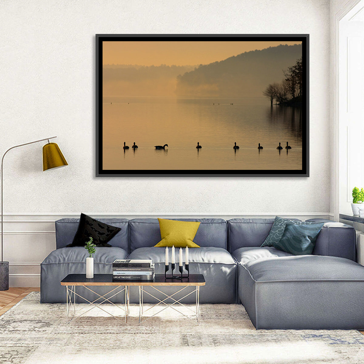 Lake Degray Geese Silhouette Wall Art in a room, landscape