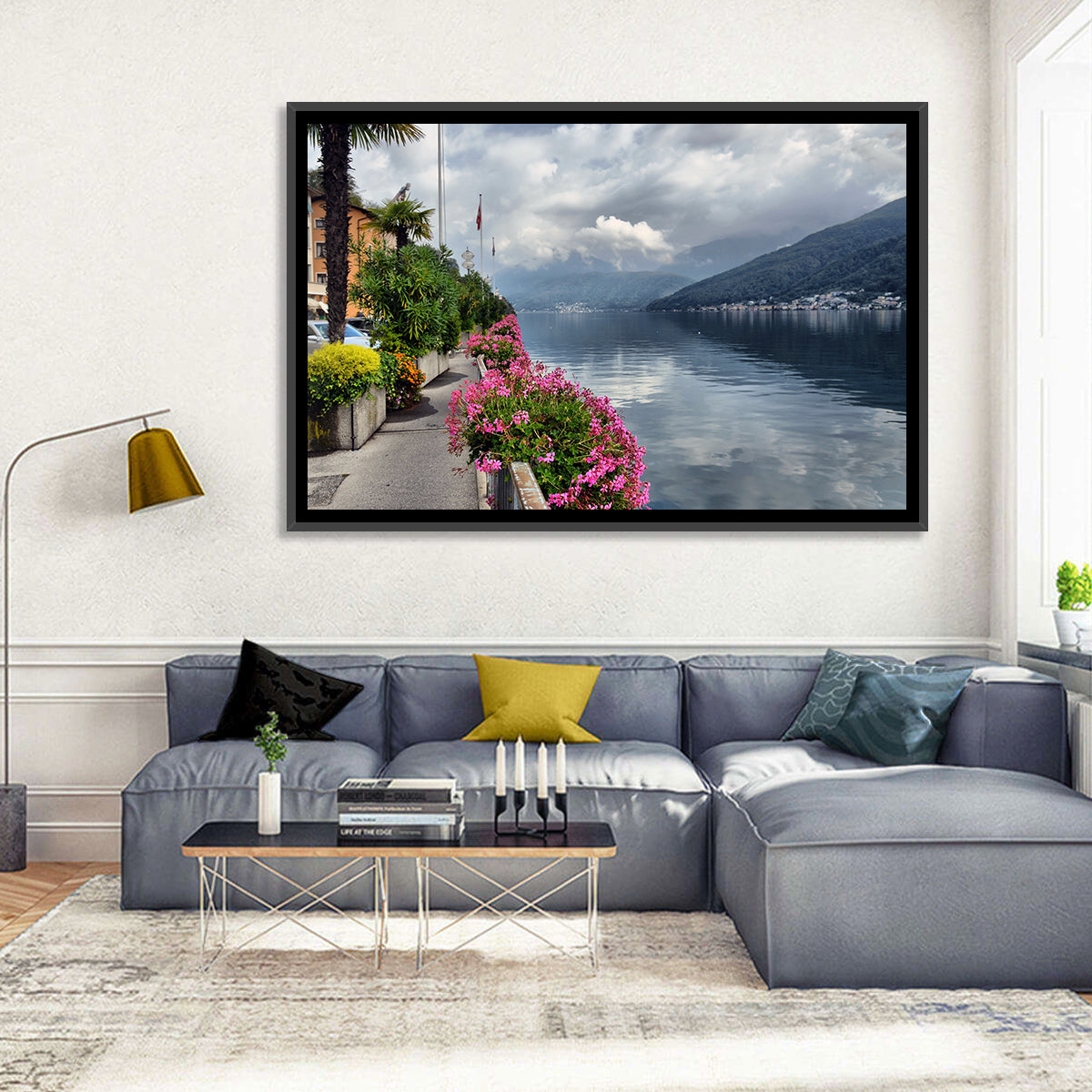 Lake Lugano Floral Walkway Wall Art in a room, landscape