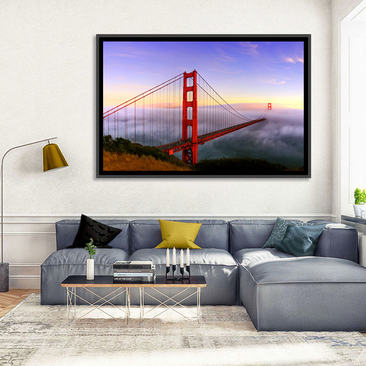 Foggy Golden Gate Bridge Wall Art in a room, landscape