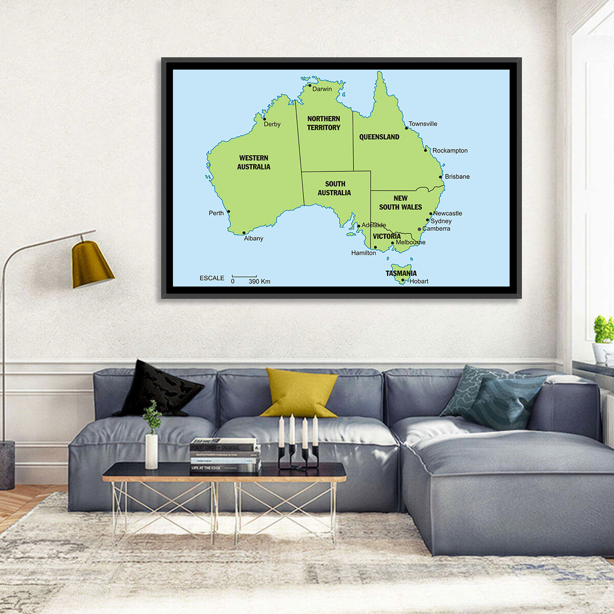 Minimalist Australia Map with State Labels Wall Art in a room, landscape