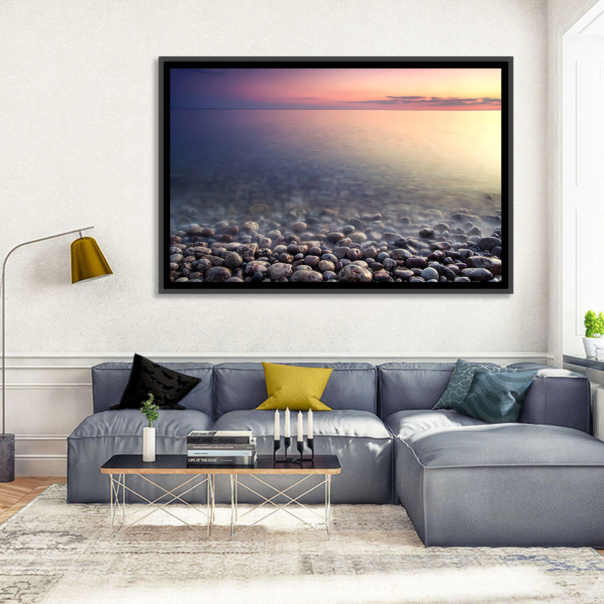 Pebbled Shore Sunset Wall Art in a room, landscape
