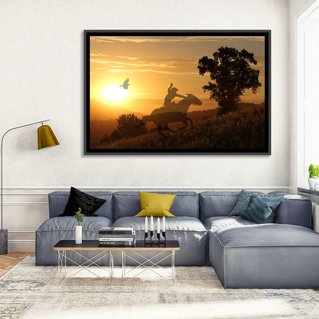Cowboy Silhouette at Golden Sunset Wall Art