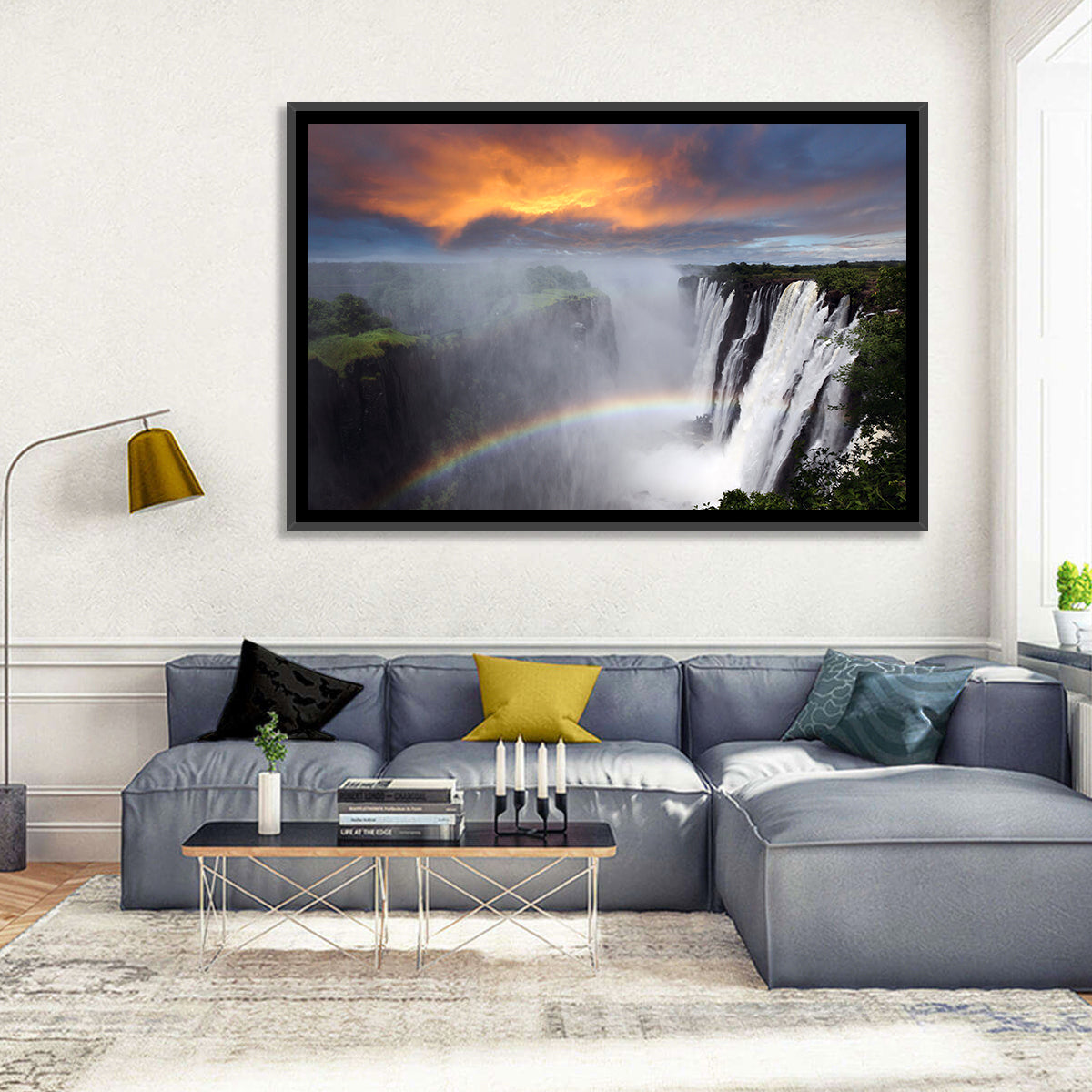 Victoria Falls Rainbow at Dusk Wall Art in a room, landscape