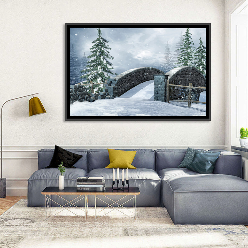 Snowy Stone Bridge in Winter Forest Wall Art