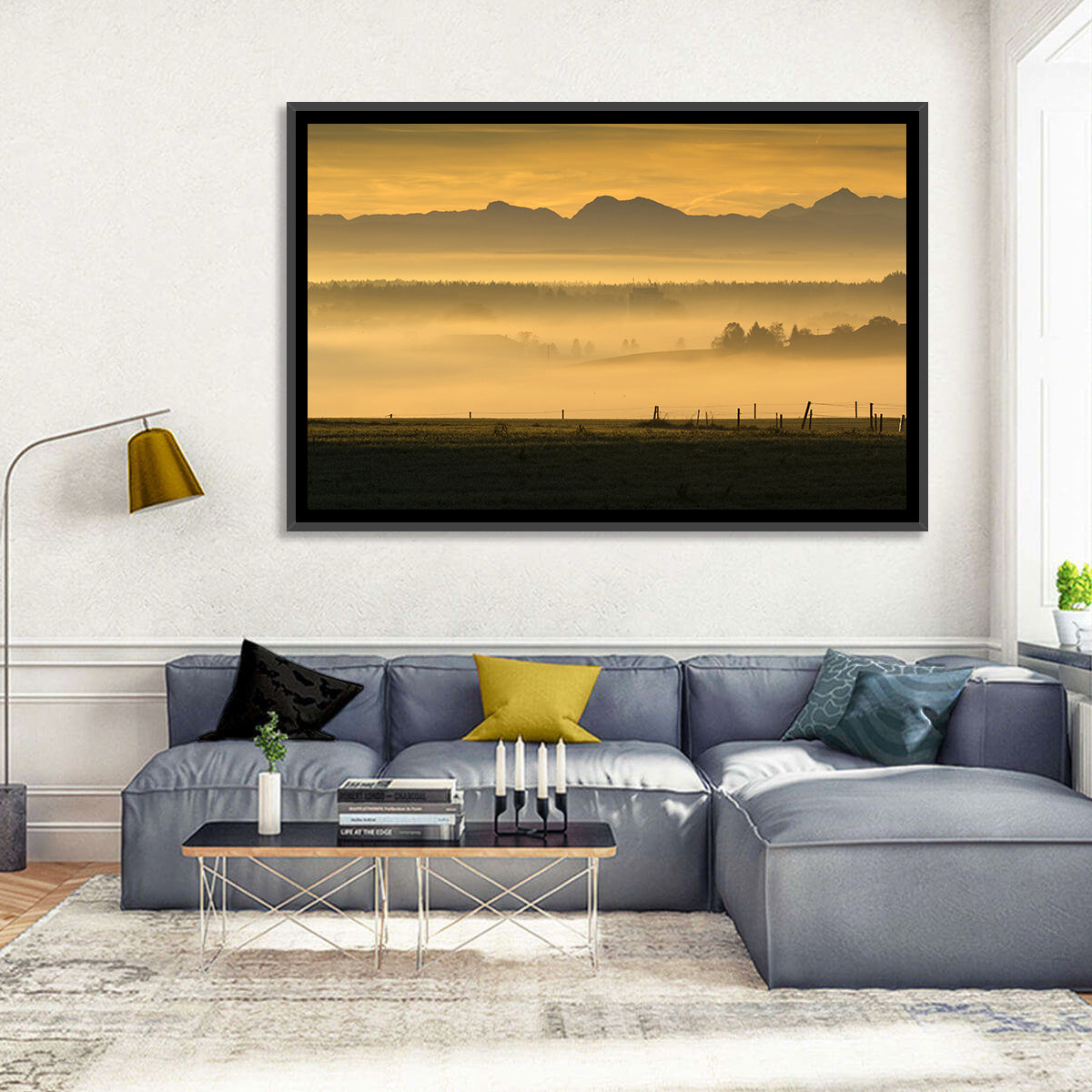 Bavarian Alps Morning Haze Wall Art in a room, landscape