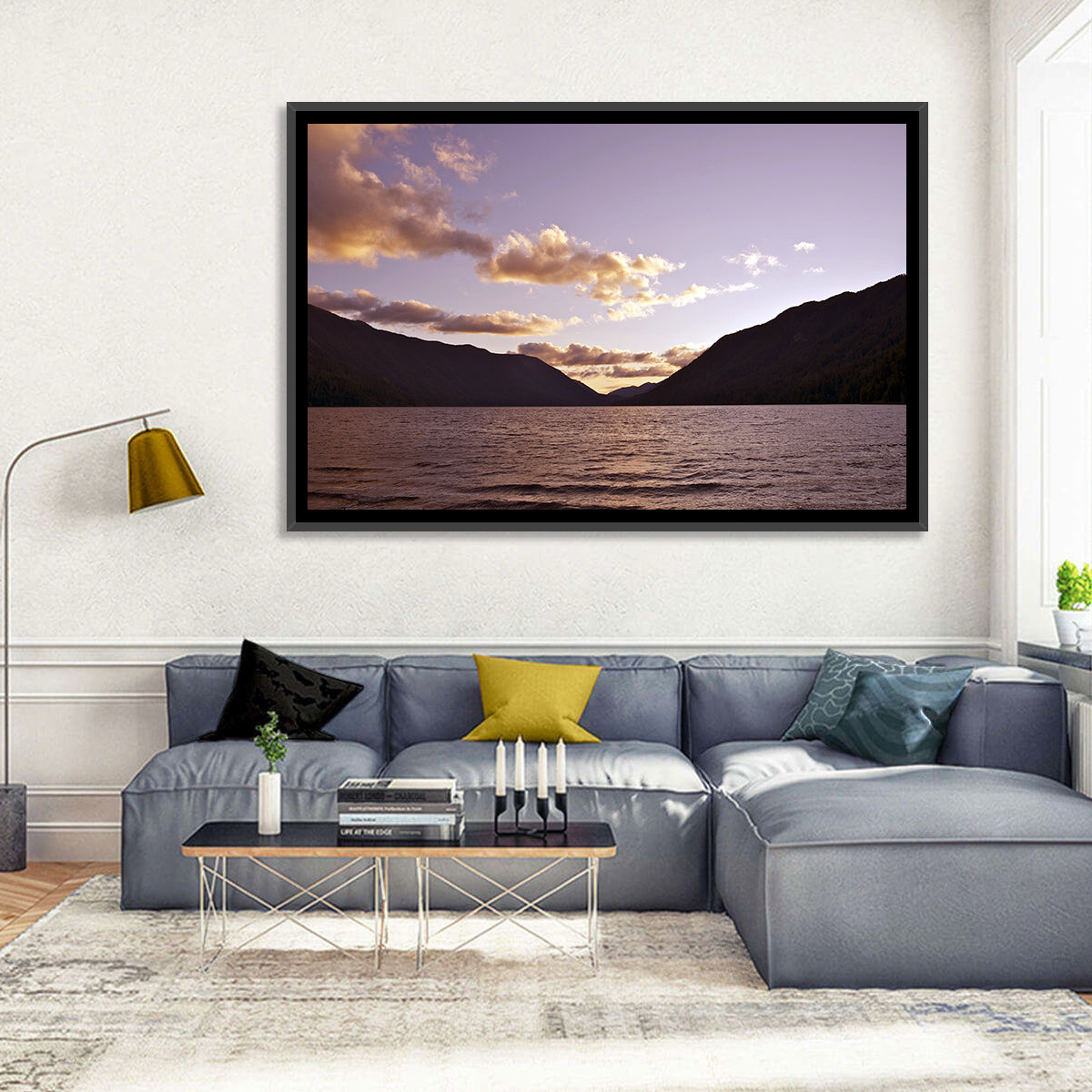 Purple Sunset Over Lake Crescent Wall Art in a room, landscape