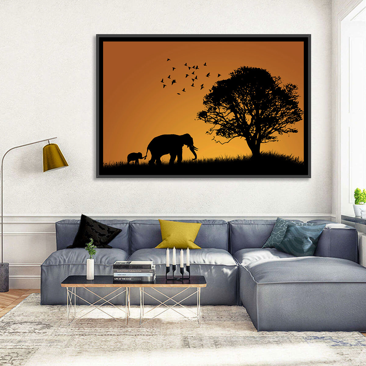 Elephant Family at Golden Sunset Wall Art in a room, landscape
