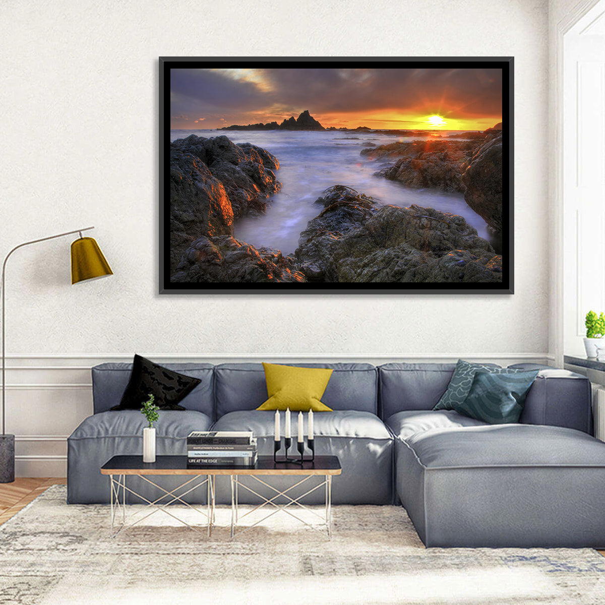 Tramore Rocky Coast Sunset Wall Art in a room, landscape