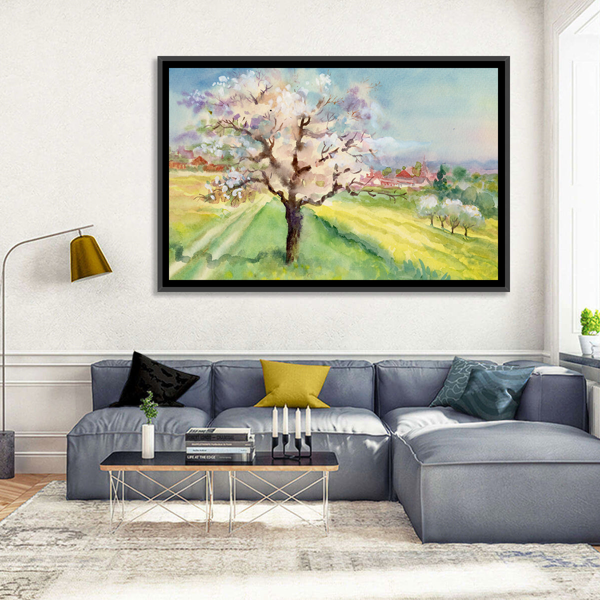 Spring Village Watercolor Wall Art in a room, landscape