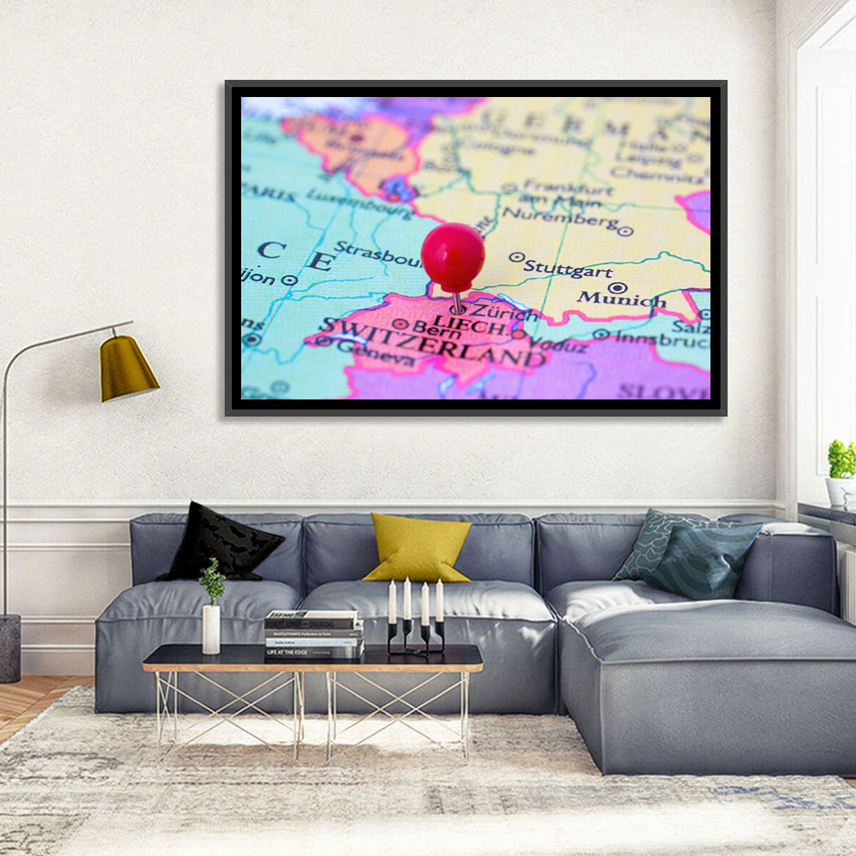 Zurich Map with Red Pin Wall Art in a room, landscape