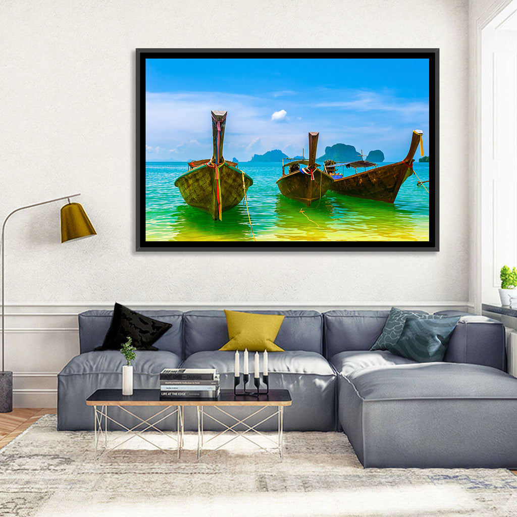 Three Long-tail Boats on Turquoise Water Wall Art