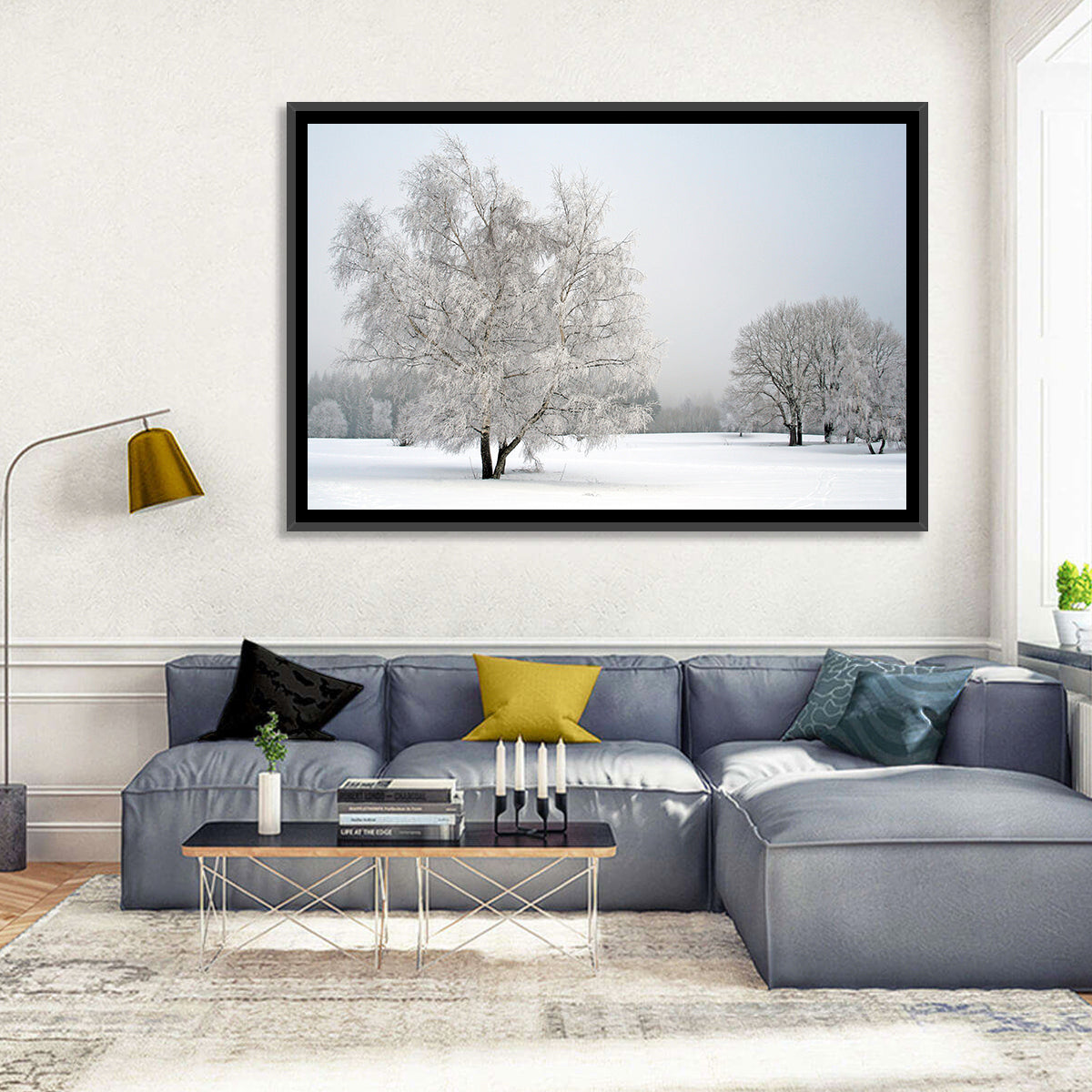 Frosted Birch Grove Wall Art in a room, landscape