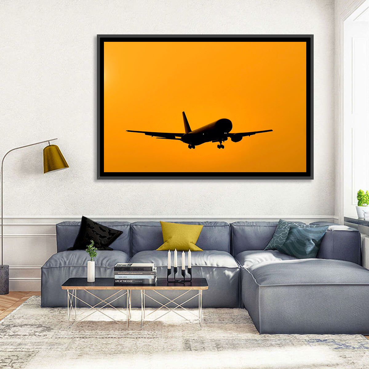 Golden Hour Airliner Silhouette Wall Art in a room, landscape