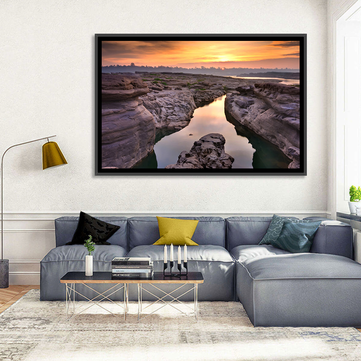 Sam Phan Bok Sunrise River Canyon Wall Art in a room, landscape