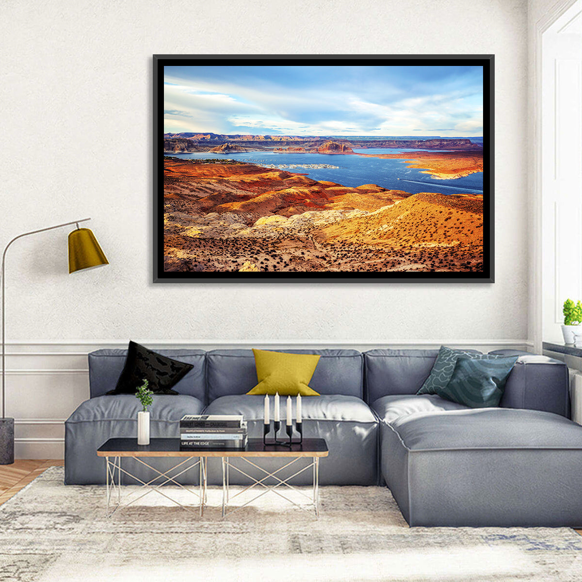 Lake Powell Marina Panorama Wall Art in a room, landscape