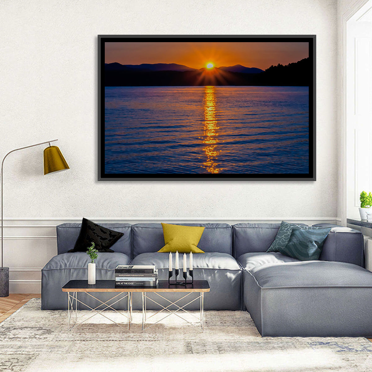 Lake Jocassee Golden Sunrise Wall Art in a room, landscape