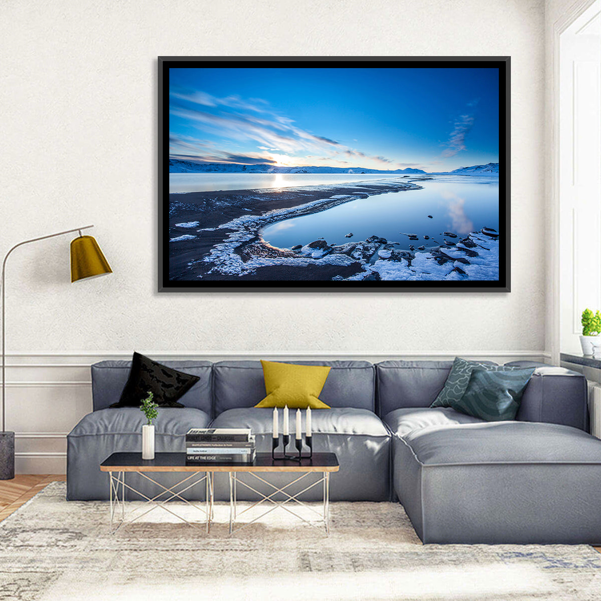 Lake Kleifarvatn Icy Shoreline Wall Art in a room, landscape