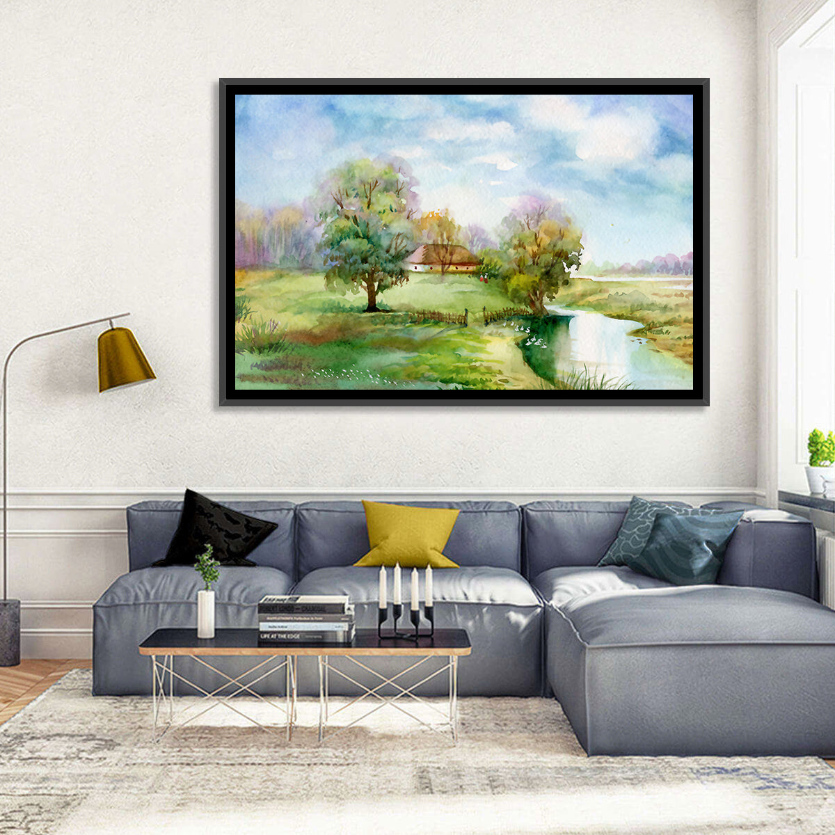Spring Cottage by the Stream Wall Art in a room, landscape
