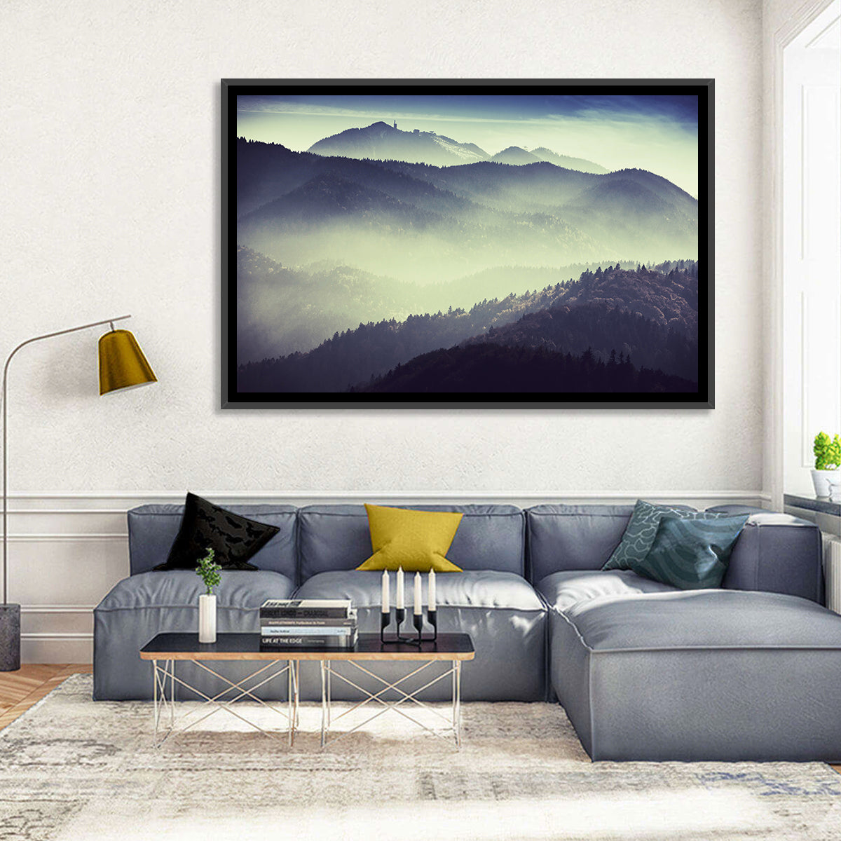 Foggy Forest Valley Wall Art in a room, landscape