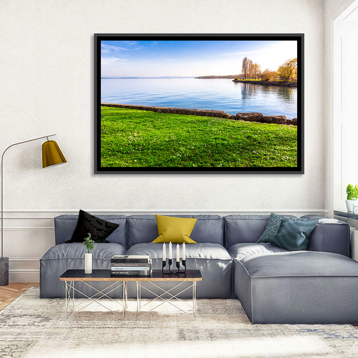 Lake Neuchatel Meadow Wall Art in a room, landscape