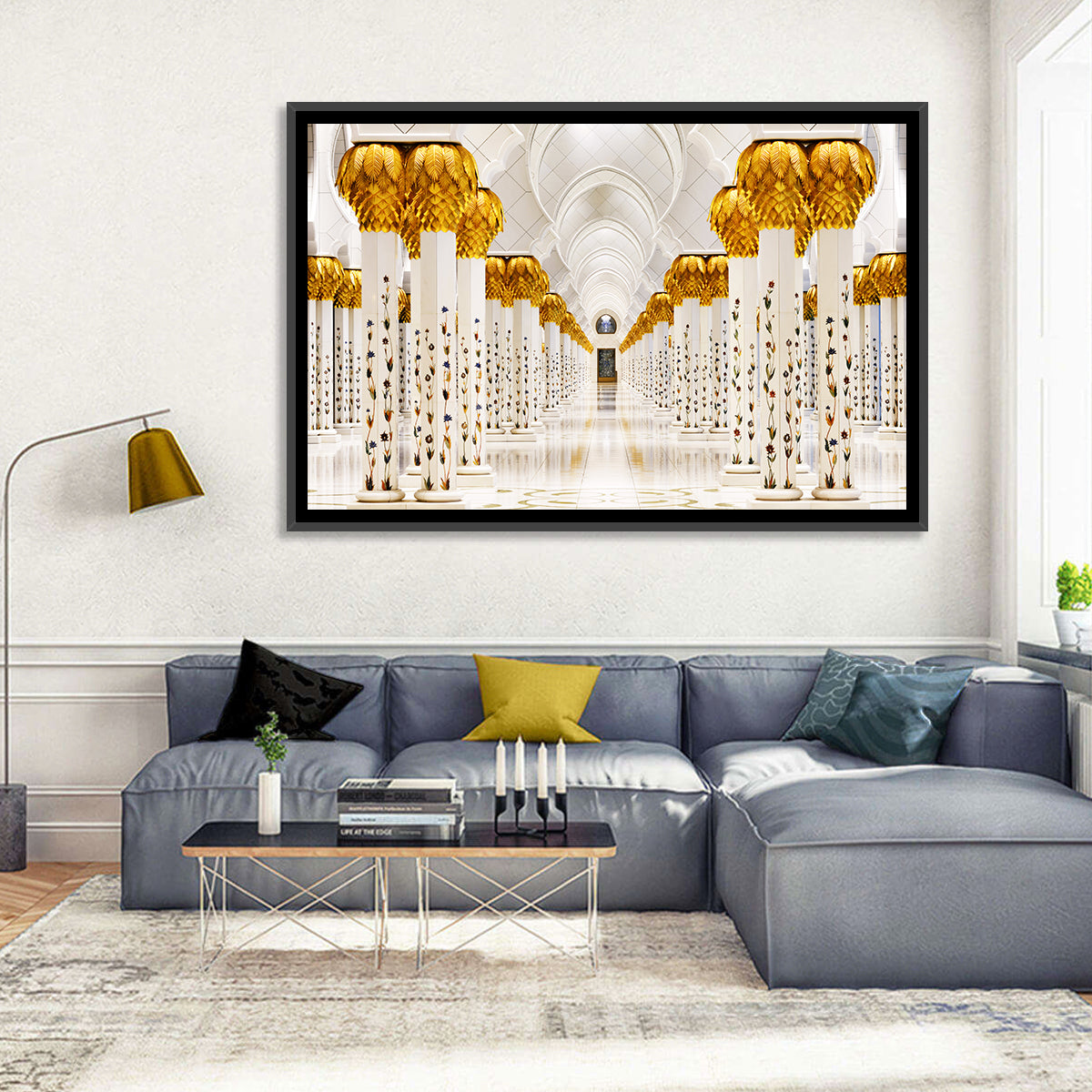 Sheikh Zayed Grand Mosque Colonnade Wall Art in a room, landscape