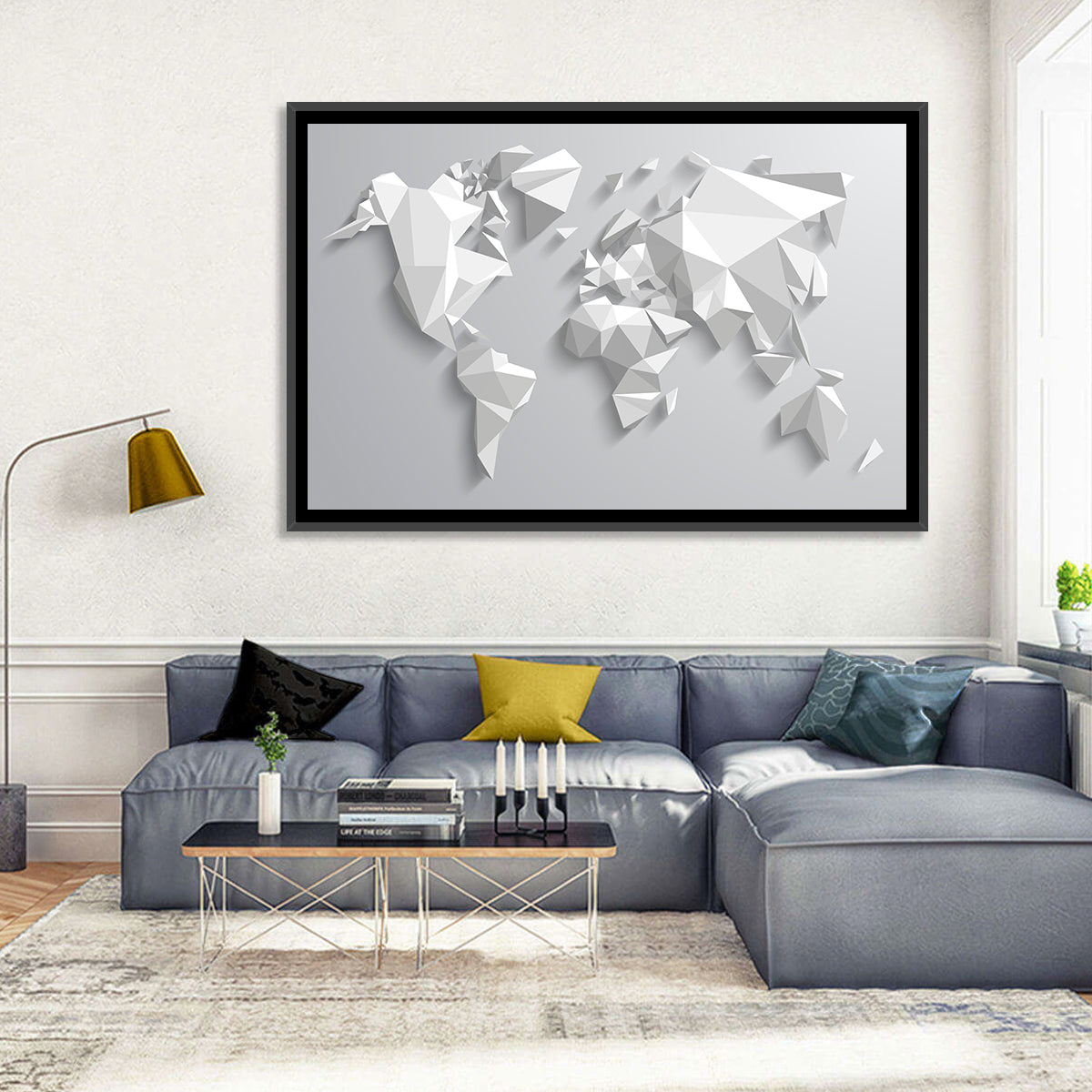 Faceted Triangular World Map Wall Art in a room, landscape