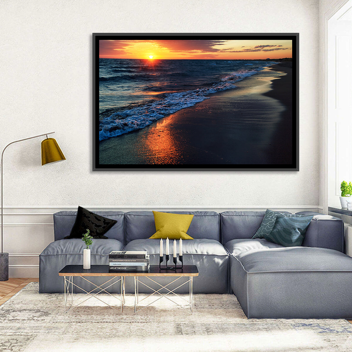 Lake Balkhash Golden Dusk Wall Art in a room, landscape