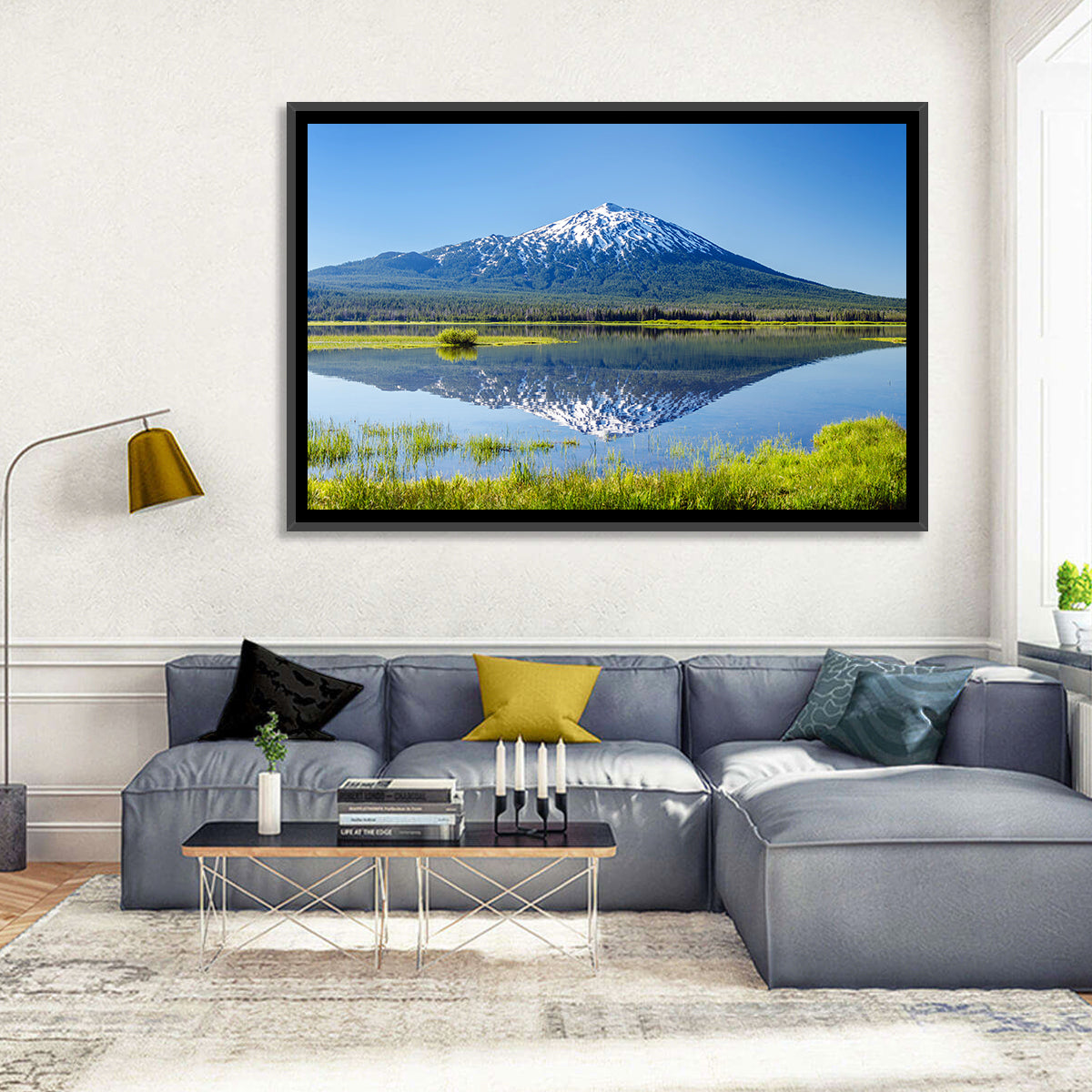 Mount Bachelor Lake Reflection Wall Art in a room, landscape