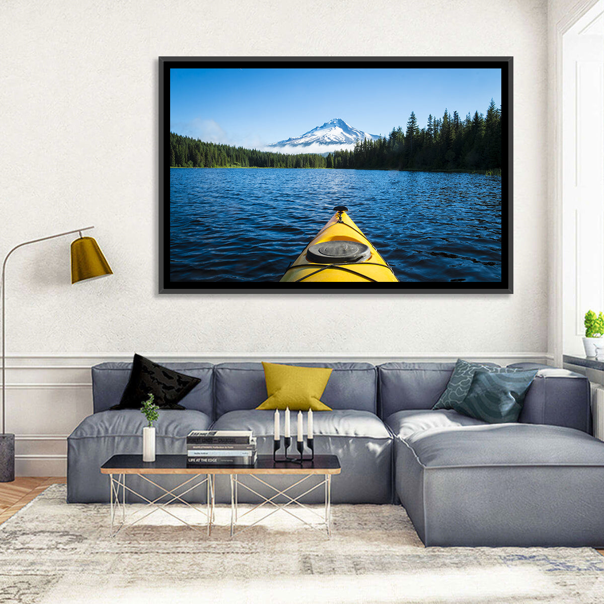 Yellow Kayak at Trillium Lake Wall Art in a room, landscape